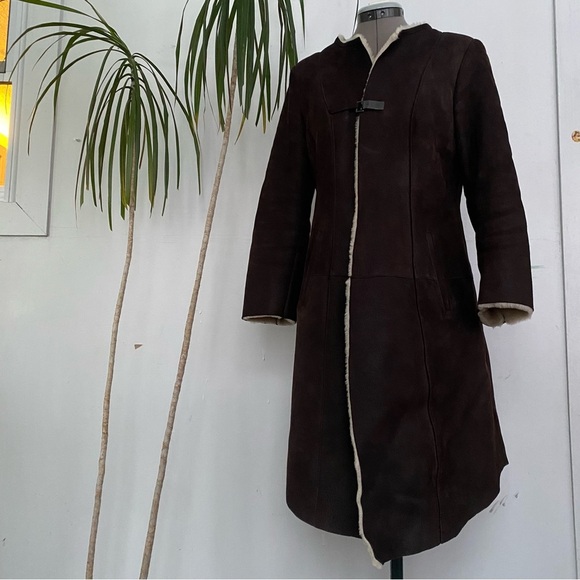 TERILEATHER Women’s Gorgeous Shearling Sheepskin Coat  Colarless Brown Suede S - Picture 3 of 11